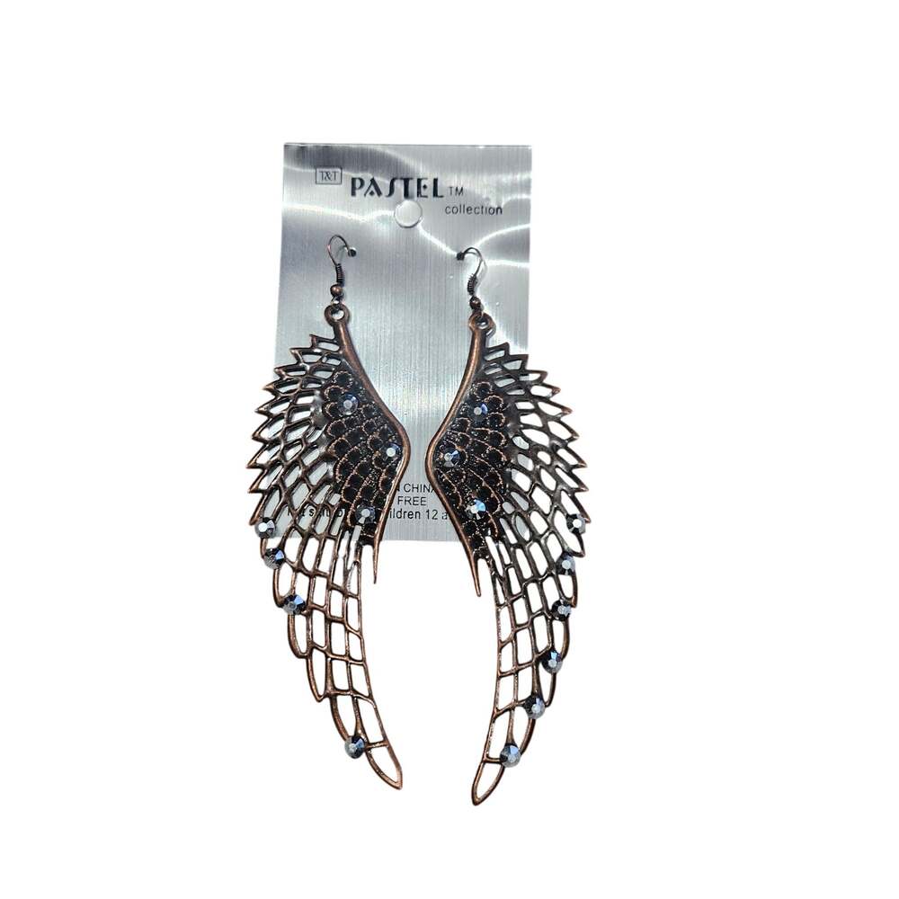 T&T Pastel Collection Copper Tone Rhinestone Angel Wing Dangle Earrings
